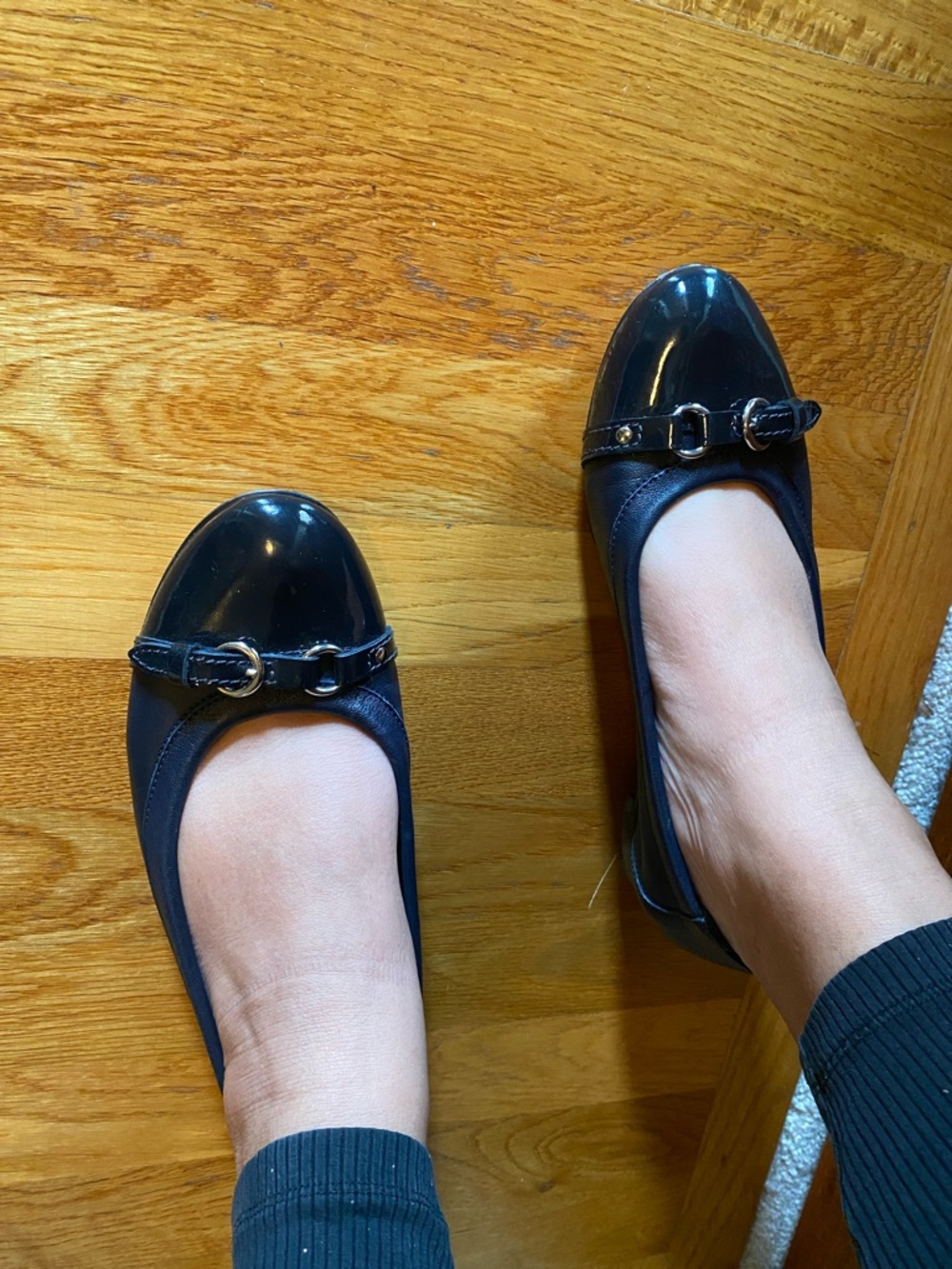 AGL Navy Leather and Patent Toe Ballet Flats with Buckle - Picture 9 of 9